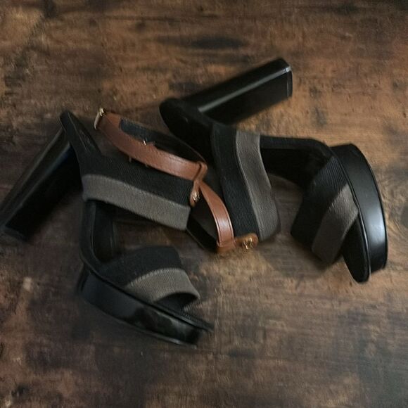 Tory Burch Stripped Canvas/ Leather Platform Sandal Size 9 - Picture 4 of 9